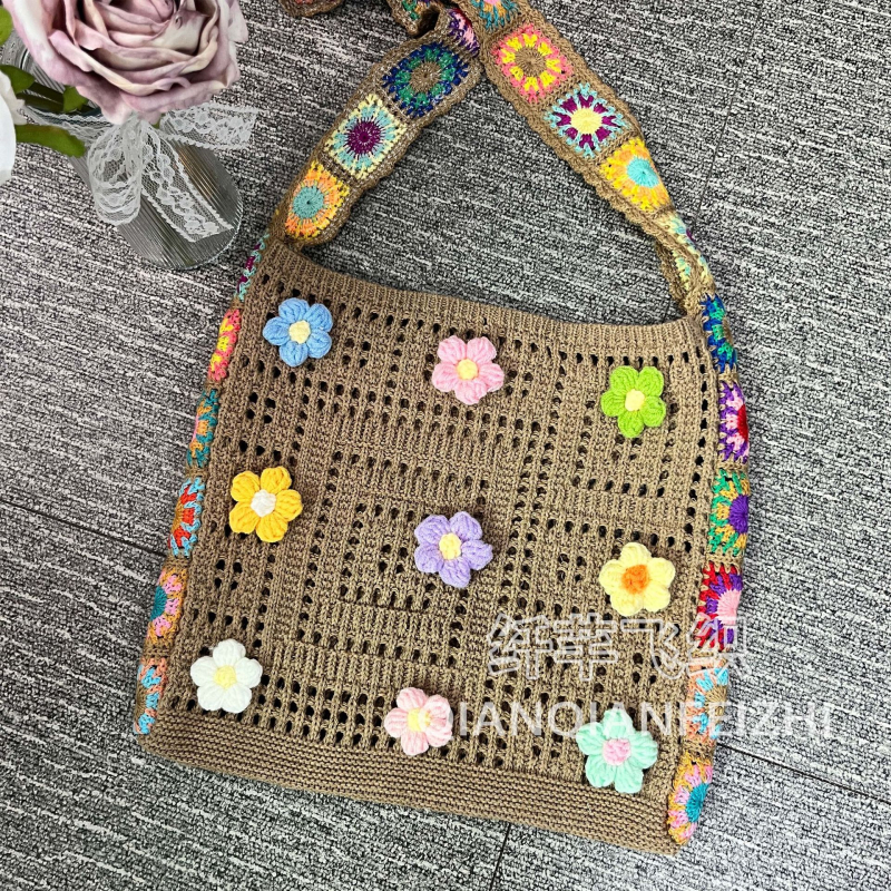 Ženska pletene crossbody torba, poliester, verticalni kvadratni oblik, otvoreni vanjski džep, džep za telefon, jednostruki remen, Xuejie ru ge