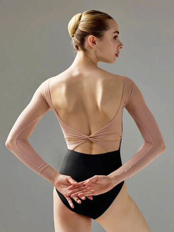 Jednodelni baletna leotard s dugim rukavima - najlon 75%, podstava Milk Silk 25%, jednobojni uzorak, za odrasle žene