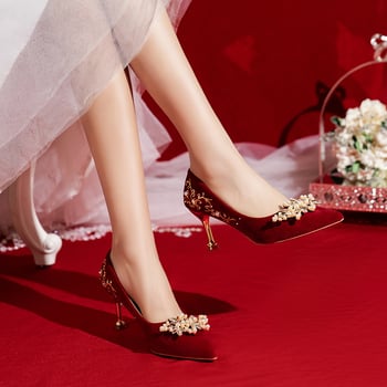 Γαμήλιες γυναικείες γόβες στιλέτο με μυτερό δάχτυλο, 6-8 cm τακούνι, PU επάνω μέρος, διακόσμηση με στρας, για γάμους