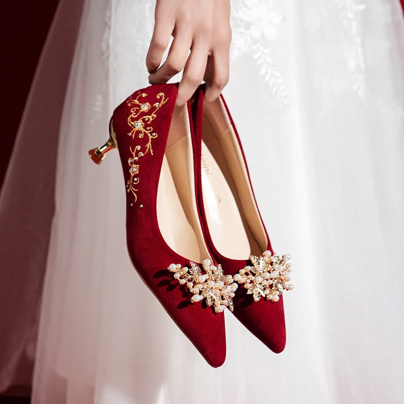 Γαμήλιες γυναικείες γόβες στιλέτο με μυτερό δάχτυλο, 6-8 cm τακούνι, PU επάνω μέρος, διακόσμηση με στρας, για γάμους