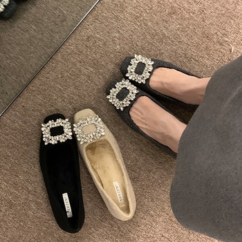 Ocean One Elegantne ravne cipele s rhinestones i kvadratnom kopčom, gornji dio od umjetnog pliša, niski mačji pet, PU ulošak, gumeni potplat