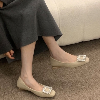 Ocean One Elegantne ravne cipele s rhinestones i kvadratnom kopčom, gornji dio od umjetnog pliša, niski mačji pet, PU ulošak, gumeni potplat