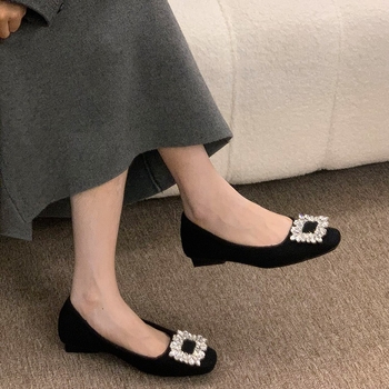 Ocean One Elegantne ravne cipele s rhinestones i kvadratnom kopčom, gornji dio od umjetnog pliša, niski mačji pet, PU ulošak, gumeni potplat
