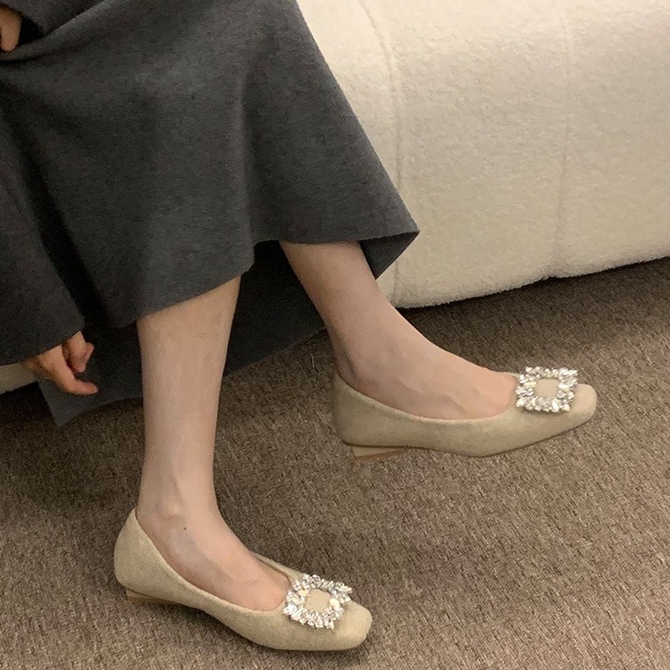 Ocean One Elegantne ravne cipele s rhinestones i kvadratnom kopčom, gornji dio od umjetnog pliša, niski mačji pet, PU ulošak, gumeni potplat