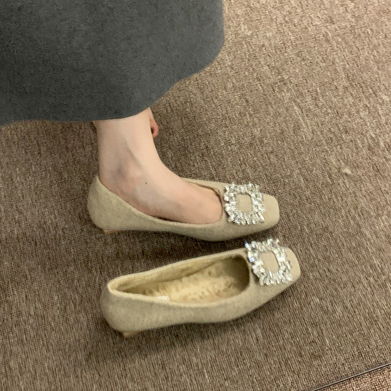 Ocean One Elegantne ravne cipele s rhinestones i kvadratnom kopčom, gornji dio od umjetnog pliša, niski mačji pet, PU ulošak, gumeni potplat