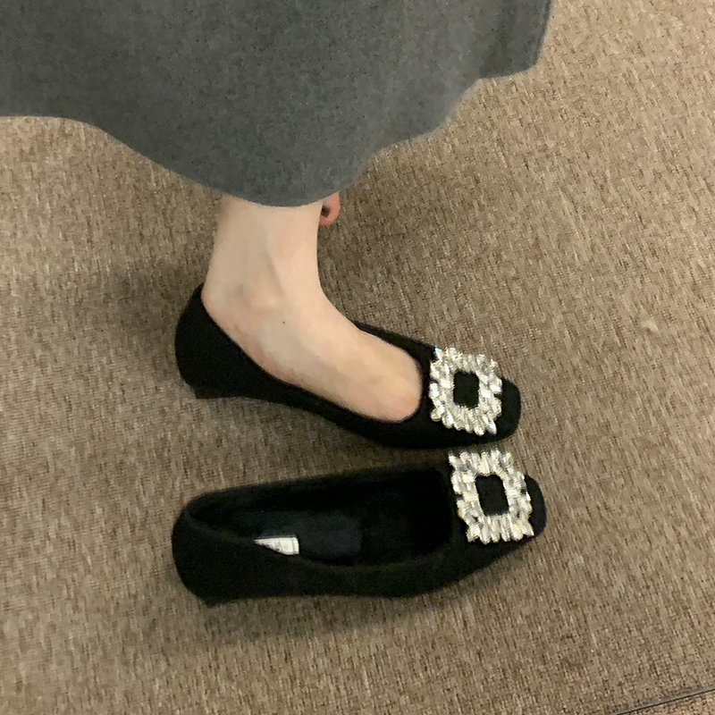 Ocean One Elegantne ravne cipele s rhinestones i kvadratnom kopčom, gornji dio od umjetnog pliša, niski mačji pet, PU ulošak, gumeni potplat