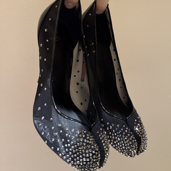 Ženske mrežaste visoke potpetice s rhinestones, unutrašnjost od ovčje kože, okrugli vrh, visina potpetice iznad 8 cm