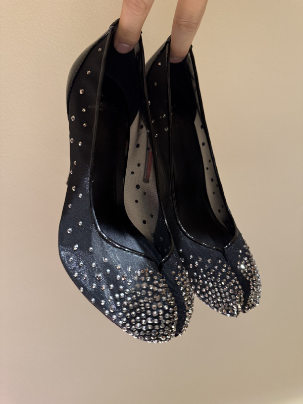 Ženske mrežaste visoke potpetice s rhinestones, unutrašnjost od ovčje kože, okrugli vrh, visina potpetice iznad 8 cm