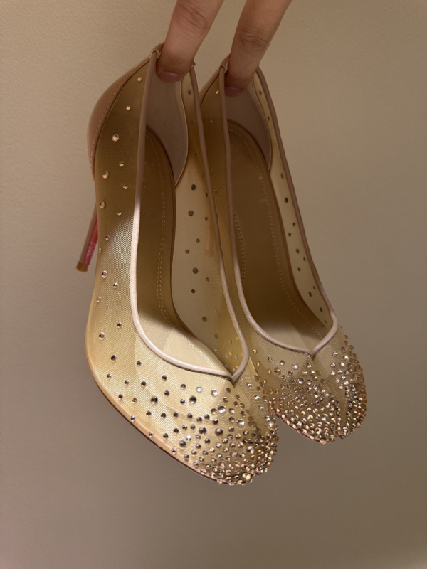 Ženske mrežaste visoke potpetice s rhinestones, unutrašnjost od ovčje kože, okrugli vrh, visina potpetice iznad 8 cm