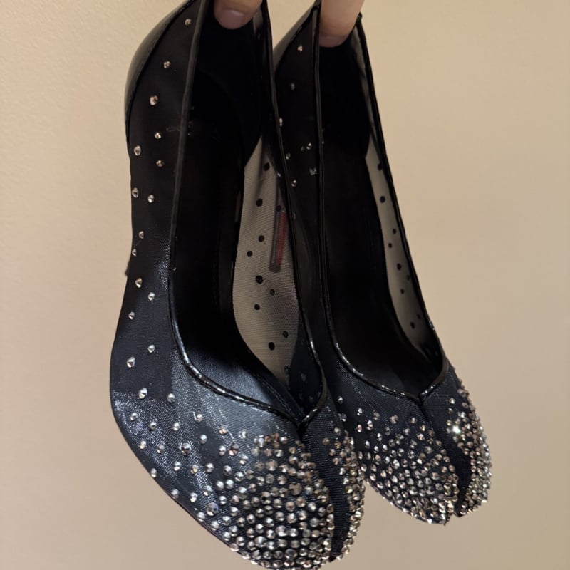 Ženske mrežaste visoke potpetice s rhinestones, unutrašnjost od ovčje kože, okrugli vrh, visina potpetice iznad 8 cm