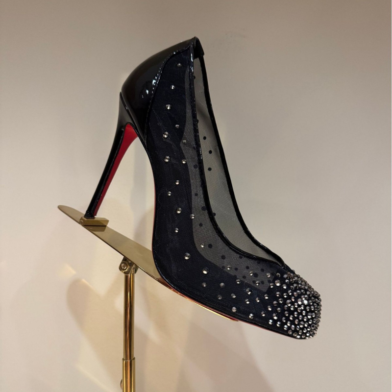 Ženske mrežaste visoke potpetice s rhinestones, unutrašnjost od ovčje kože, okrugli vrh, visina potpetice iznad 8 cm