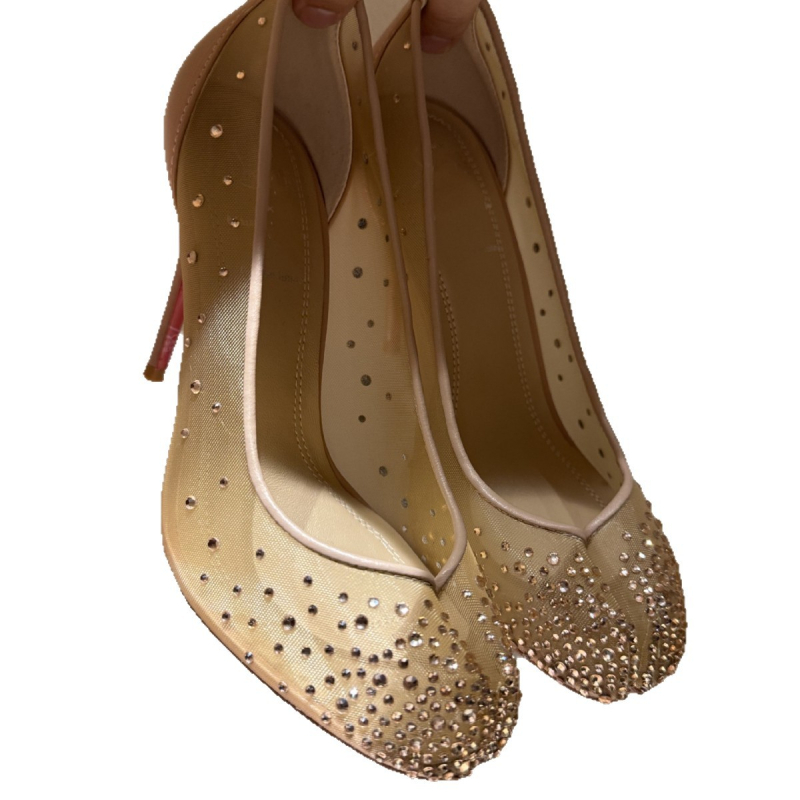 Ženske mrežaste visoke potpetice s rhinestones, unutrašnjost od ovčje kože, okrugli vrh, visina potpetice iznad 8 cm
