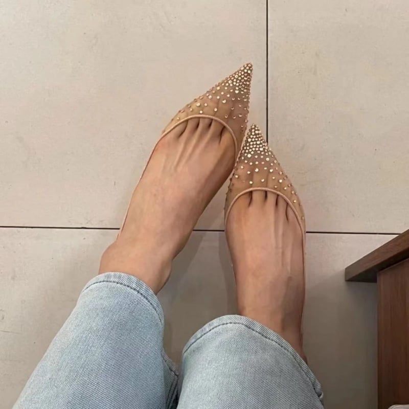 Γυναικείες επίπεδες παπούτσια με μυτερό δάχτυλο, ενσωματωμένη αύξηση ύψους και διχτυωτές κρύσταλλες; Άνω: τεχνητό φλίς; Σόλα: φυσικό καουτσούκ; Πάτος: μαλλί; Ύψος τακουνιού: χαμηλό; Σχήμα τακουνιού: γατάκι