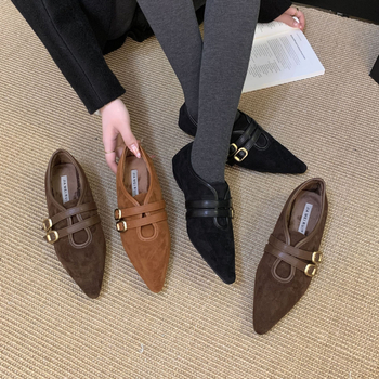 Ploške cipele u korejskom stilu s gornjim dijelom od velura, unutarnja podstava od umjetnog pliša, šiljat vrh