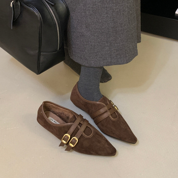 Ploške cipele u korejskom stilu s gornjim dijelom od velura, unutarnja podstava od umjetnog pliša, šiljat vrh