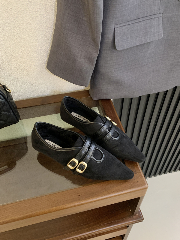 Ploške cipele u korejskom stilu s gornjim dijelom od velura, unutarnja podstava od umjetnog pliša, šiljat vrh