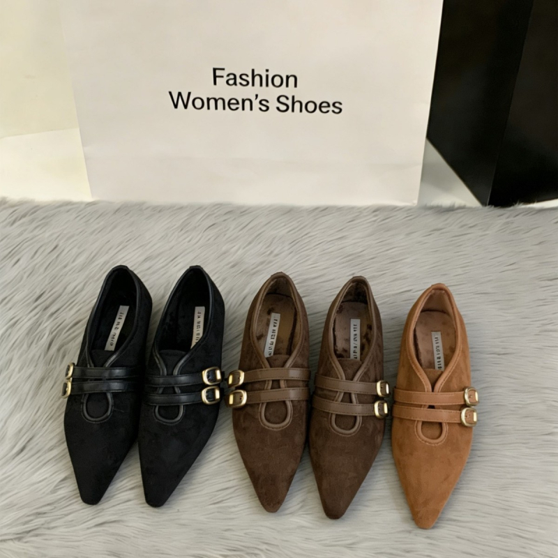 Ploške cipele u korejskom stilu s gornjim dijelom od velura, unutarnja podstava od umjetnog pliša, šiljat vrh