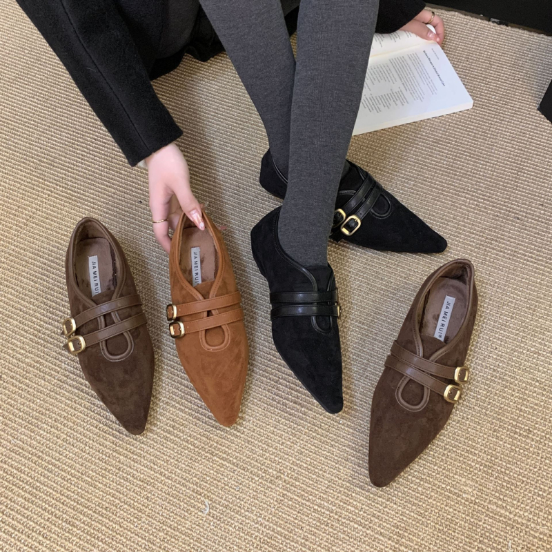 Ploške cipele u korejskom stilu s gornjim dijelom od velura, unutarnja podstava od umjetnog pliša, šiljat vrh