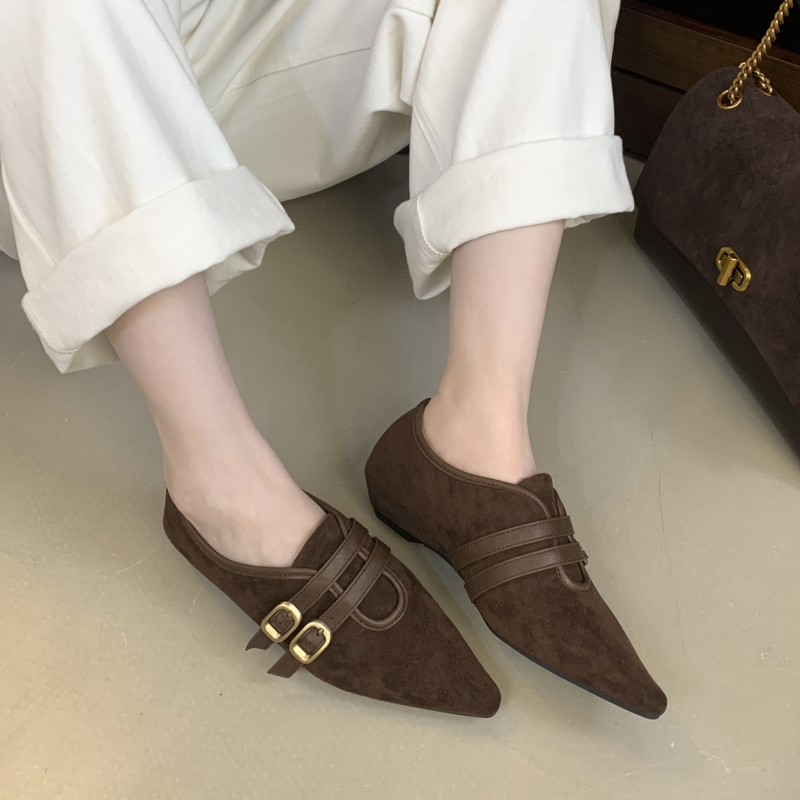 Ploške cipele u korejskom stilu s gornjim dijelom od velura, unutarnja podstava od umjetnog pliša, šiljat vrh