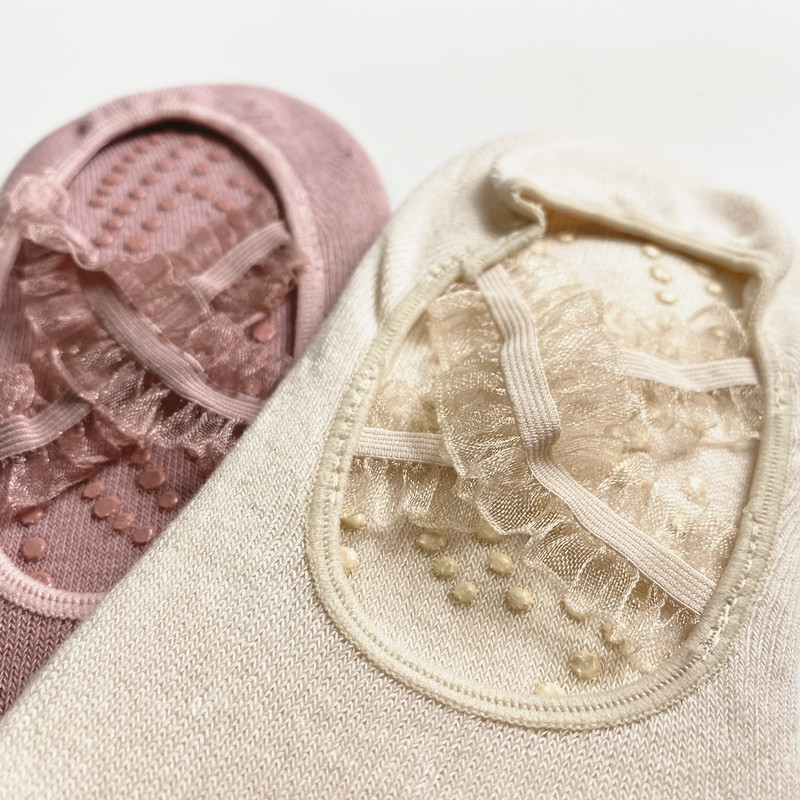 Женски чорапи за йога с дантелена презрамка, памучни, противохлъзгащи, балетен стил, къси