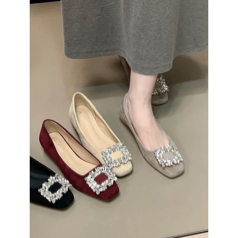 Γυναικεία παπούτσια με τετράγωνο нос από σουέντ, χαμηλό τακούνι κάτω των 3 cm, slip-on, καουτσούκ σόλα