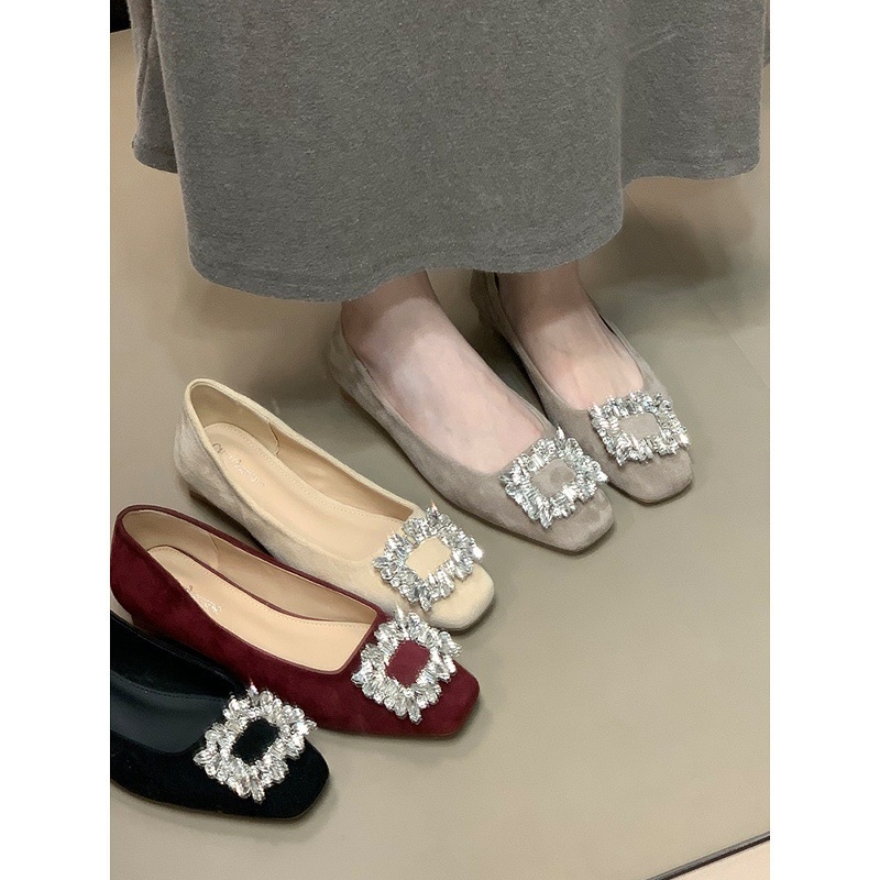 Γυναικεία παπούτσια με τετράγωνο нос από σουέντ, χαμηλό τακούνι κάτω των 3 cm, slip-on, καουτσούκ σόλα