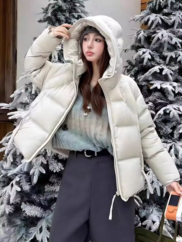 Дамско пухено яке с качулка: гъши пух, съдържание 56–60%, Nylon плат, дебело изработване, елегантен градски стил