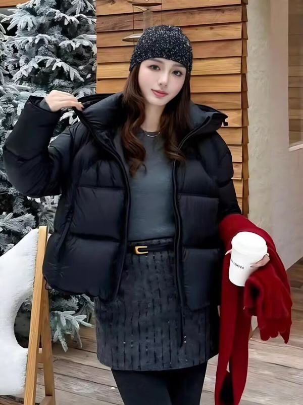 Дамско пухено яке с качулка: гъши пух, съдържание 56–60%, Nylon плат, дебело изработване, елегантен градски стил