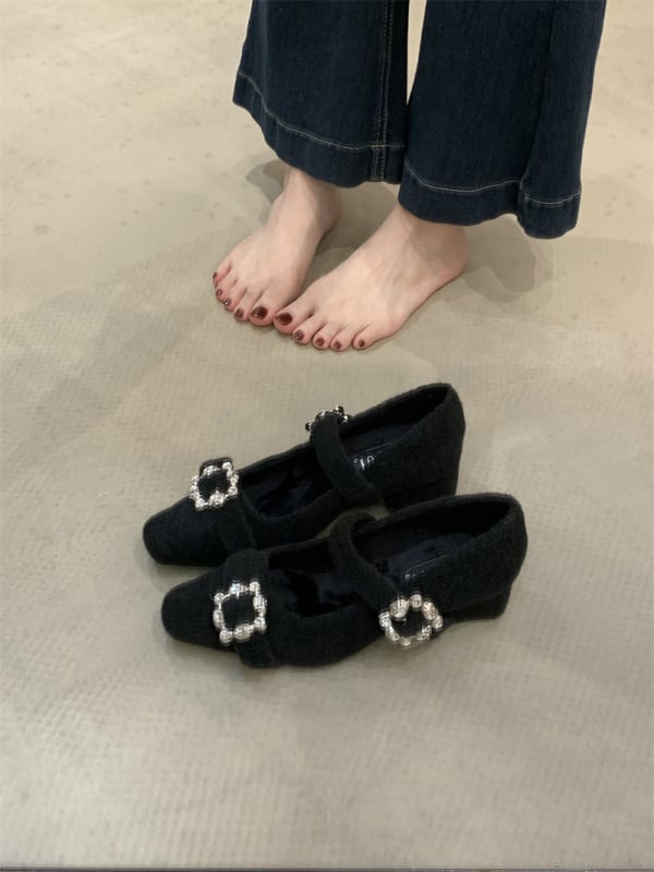 Γυναικεία παπούτσια Μέρι Τζέιν με τετράγωνη μύτη, μάλλινο επάνω μέρος, ριγέ μοτίο, μεσαίο τακούνι 3–6 cm