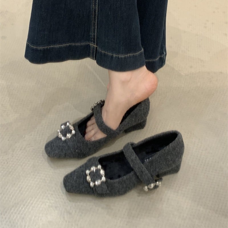 Γυναικεία παπούτσια Μέρι Τζέιν με τετράγωνη μύτη, μάλλινο επάνω μέρος, ριγέ μοτίο, μεσαίο τακούνι 3–6 cm