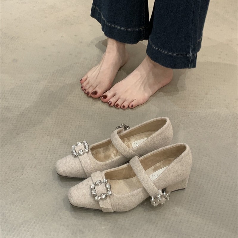 Γυναικεία παπούτσια Μέρι Τζέιν με τετράγωνη μύτη, μάλλινο επάνω μέρος, ριγέ μοτίο, μεσαίο τακούνι 3–6 cm