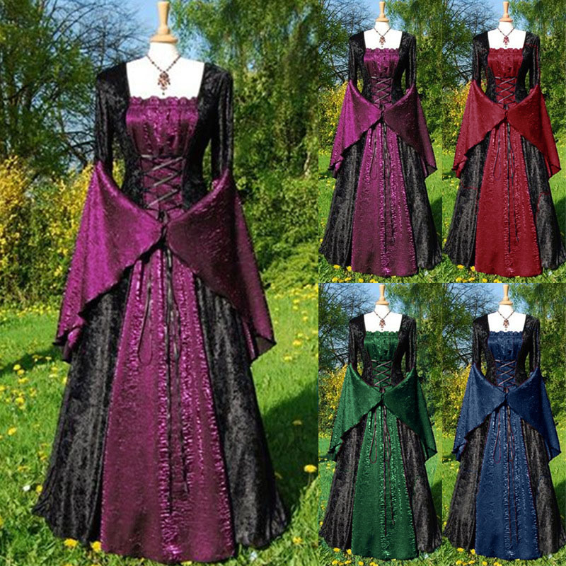Haljina u dvorcu stilu, duga, zvonasti rukavi, U izrez, visok struk, Diamond Velvet tkanina s color-block uzorkom
