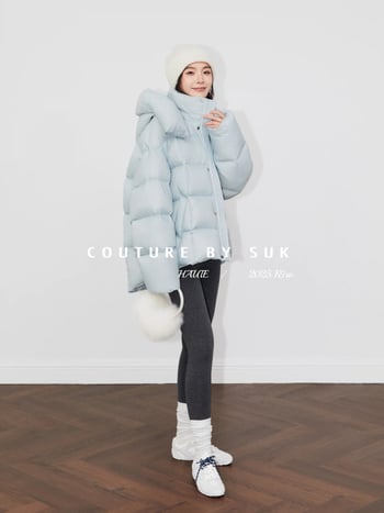 Dámska zimná bunda s kapucňou z bieleho husieho downu, obsah downu 86–90%, výplň 201–300 g, nylonový materiál, úzky strih, zips, odnímateľná kapucňa