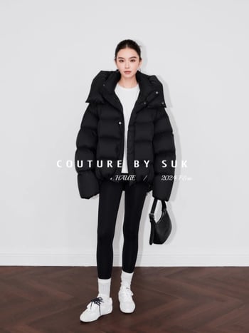 Dámska zimná bunda s kapucňou z bieleho husieho downu, obsah downu 86–90%, výplň 201–300 g, nylonový materiál, úzky strih, zips, odnímateľná kapucňa