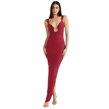 Φόρεμα με V-λαιμό, χωρίς πλάτη, ακανόνιστο τελείωμα με σχίσιμο, χωρίς μανίκια, midi μήκος, πολυεστερ-σπαντέξ ανάμειξη.