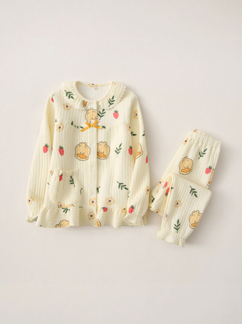 Set de pijamale pentru fete cu cardigan, 100% bumbac, material air-cotton, menține căldura, pentru copii de 3–8 ani