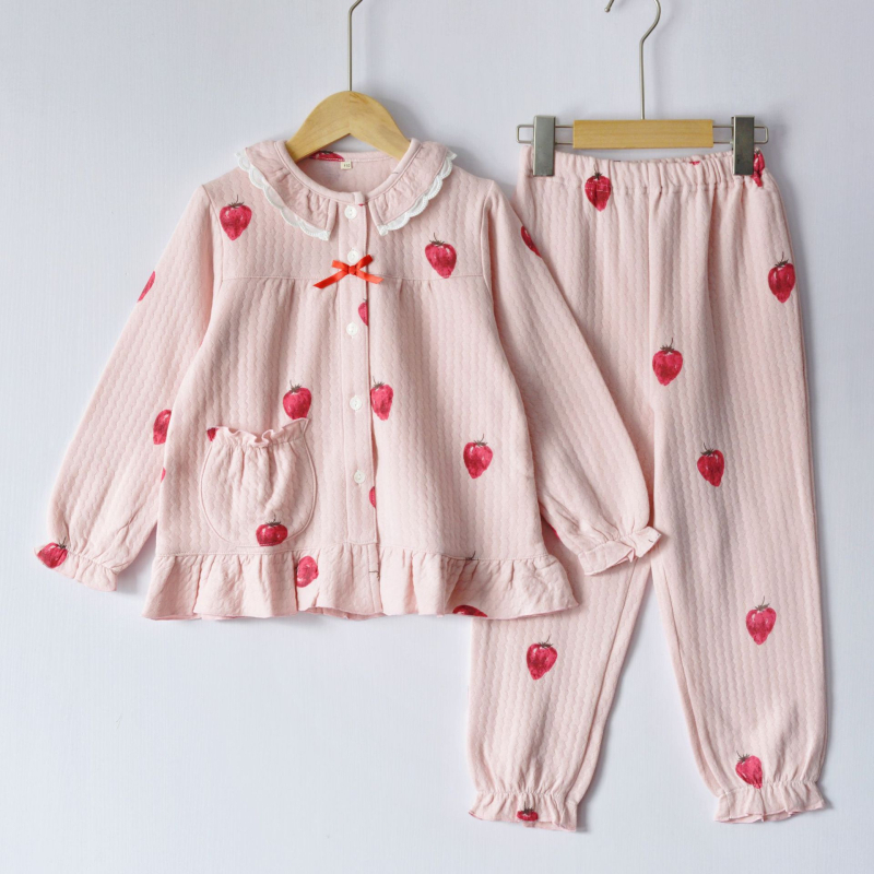 Set de pijamale pentru fete cu cardigan, 100% bumbac, material air-cotton, menține căldura, pentru copii de 3–8 ani