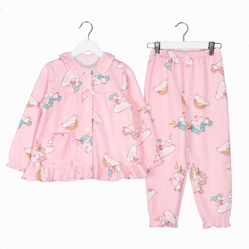 Set de pijamale pentru fete cu cardigan, 100% bumbac, material air-cotton, menține căldura, pentru copii de 3–8 ani