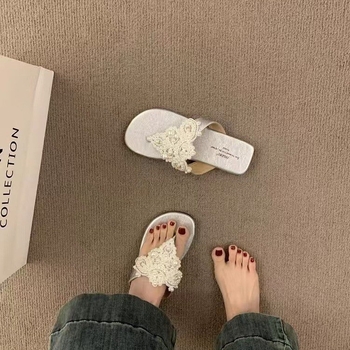 Ženske sandale u vilinskom stilu, boemske s perlama — PU gornji dio, gumena potplata, slip-on, ravna peta, proljeće 2025 izdanje