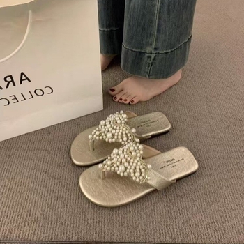 Ženske sandale u vilinskom stilu, boemske s perlama — PU gornji dio, gumena potplata, slip-on, ravna peta, proljeće 2025 izdanje