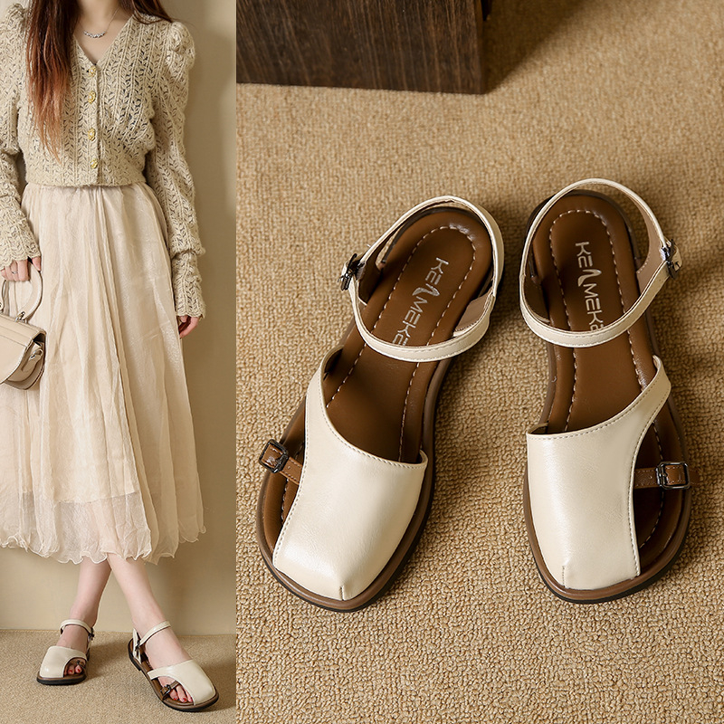 Παντόφλες με ένα λουρί, κορεατικού στυλ, κούμπωμα, PU πάνω, PU σόλα, στρογγυλή μύτη