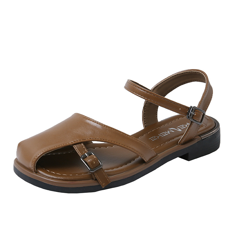 Παντόφλες με ένα λουρί, κορεατικού στυλ, κούμπωμα, PU πάνω, PU σόλα, στρογγυλή μύτη