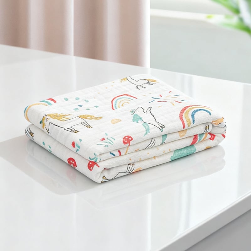 Бебешки марлеви кърпи за баня – комплект, 6 слоя, 100% памук, 300–400 g, карикатурен принт, Mu Mu Xiong