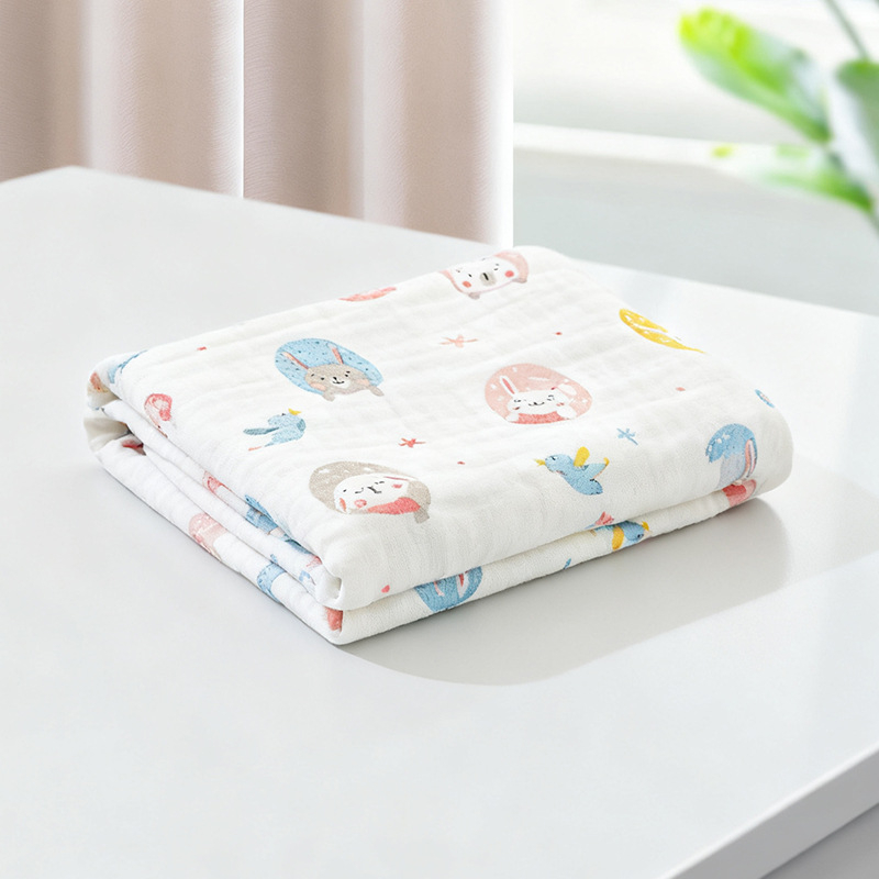 Бебешки марлеви кърпи за баня – комплект, 6 слоя, 100% памук, 300–400 g, карикатурен принт, Mu Mu Xiong