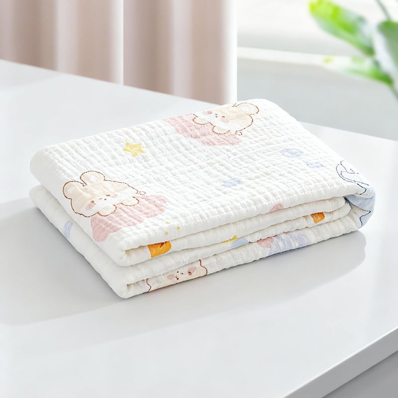 Бебешки марлеви кърпи за баня – комплект, 6 слоя, 100% памук, 300–400 g, карикатурен принт, Mu Mu Xiong