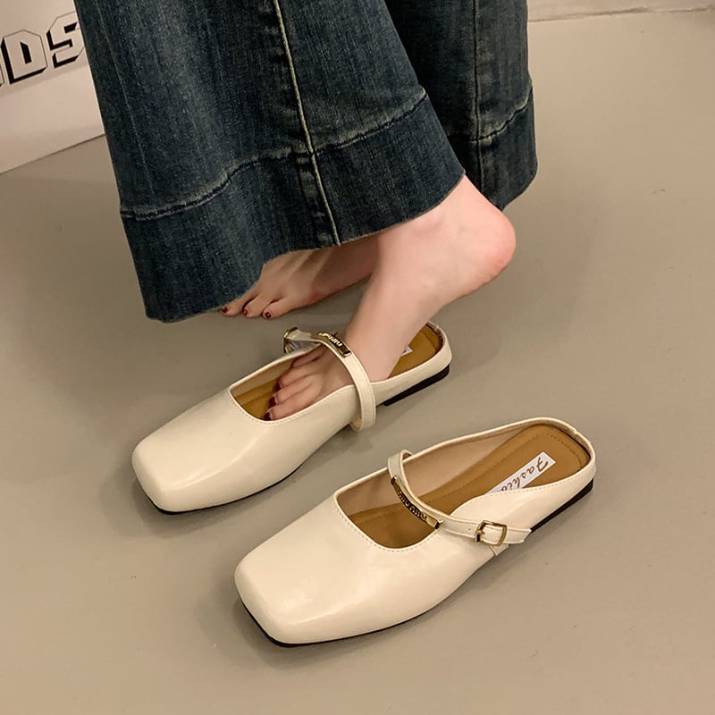 Ženske PU slip-on papuče, kvadratni vrh, gumeni đon, proljetno izdanje 2025