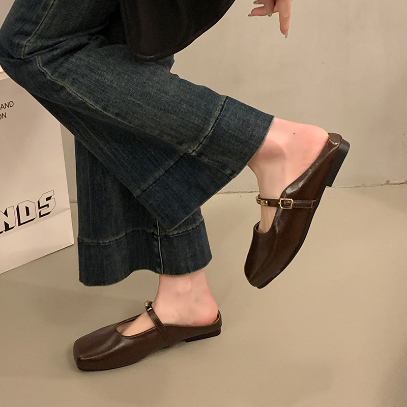 Ženske PU slip-on papuče, kvadratni vrh, gumeni đon, proljetno izdanje 2025