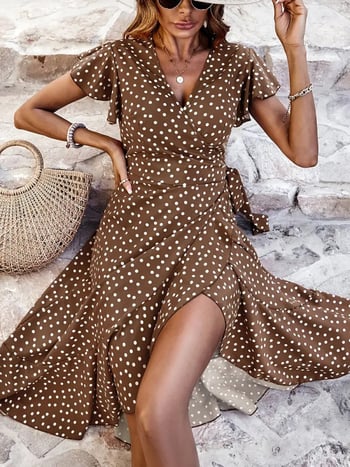 Φόρεμα με V-λαιμό, κοντά μανίκια, φλοράλ εκτύπωση, πολυεστέρας, φούστα με βολάν σε στυλ φύλλου λωτού