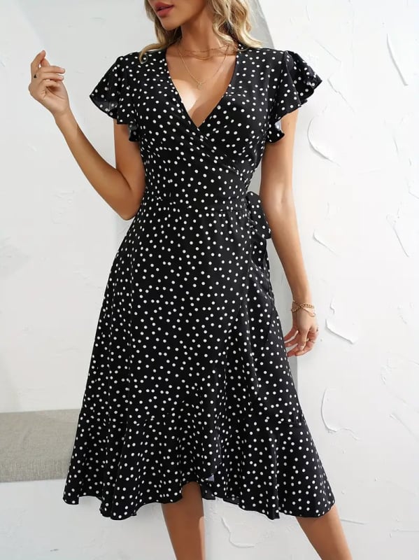 Φόρεμα με V-λαιμό, κοντά μανίκια, φλοράλ εκτύπωση, πολυεστέρας, φούστα με βολάν σε στυλ φύλλου λωτού