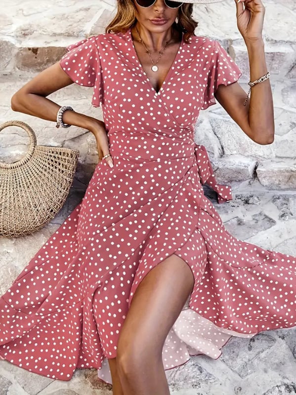 Φόρεμα με V-λαιμό, κοντά μανίκια, φλοράλ εκτύπωση, πολυεστέρας, φούστα με βολάν σε στυλ φύλλου λωτού